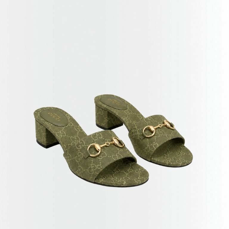 Gucci Women's High Heel Slides With Horsebit Olive Green