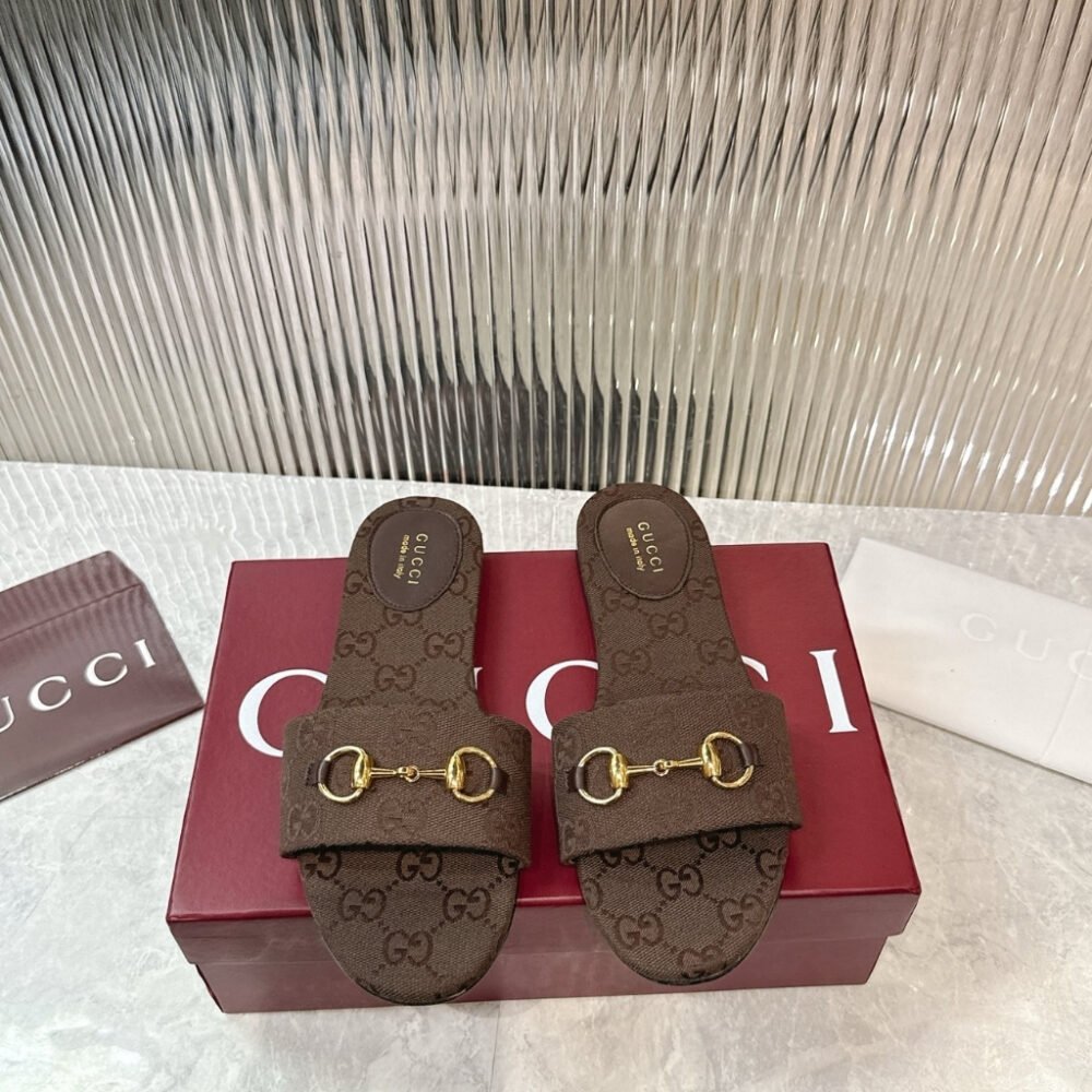 Gucci Women's Horsebit Slide Sandals in GG Brown