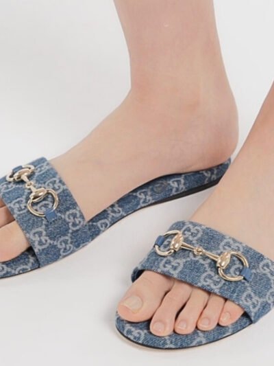 Gucci Women's Horsebit Slide Sandals in GG Denim Blue 835828 FAFGT 4746