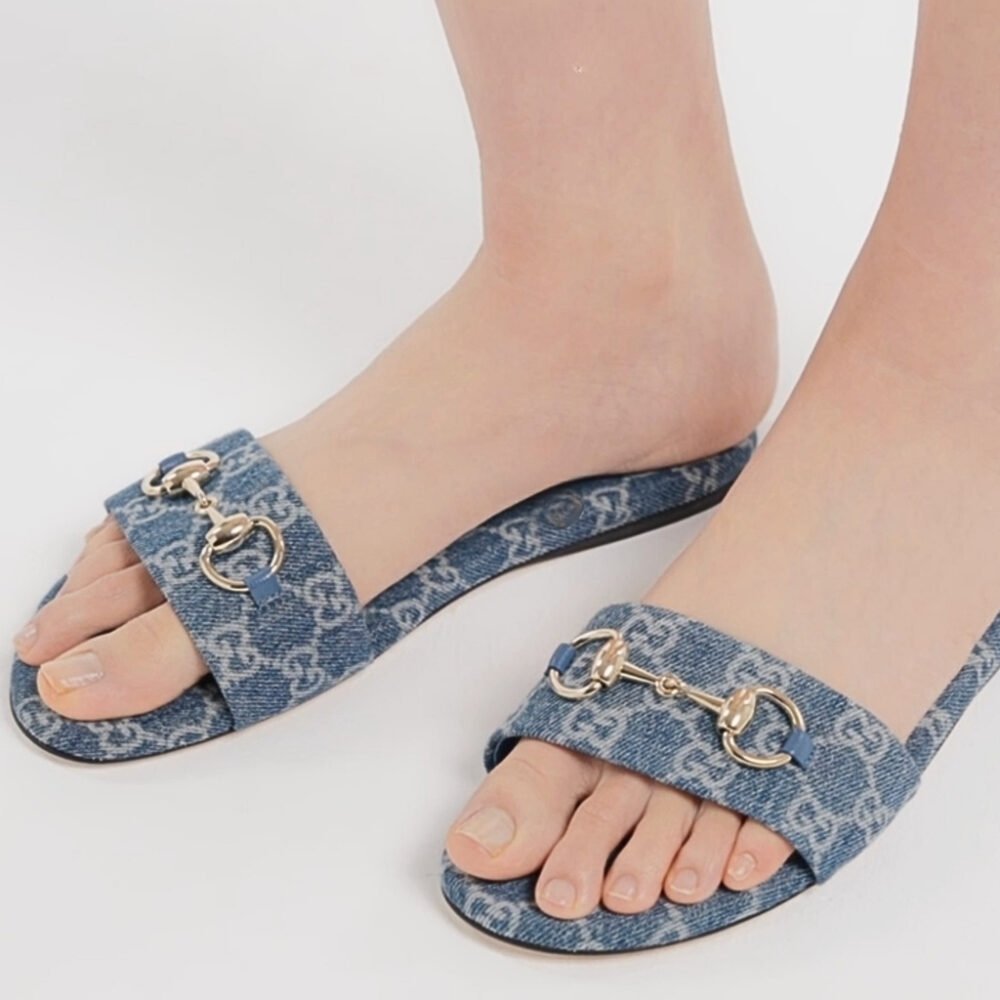 Gucci Women's Horsebit Slide Sandals in GG Denim Blue 835828 FAFGT 4746