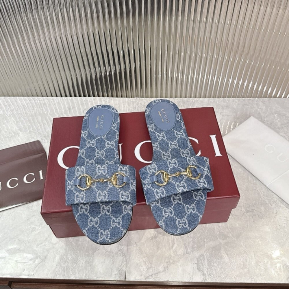 Gucci Women's Horsebit Slide Sandals in GG Denim Blue 835828 FAFGT 4746
