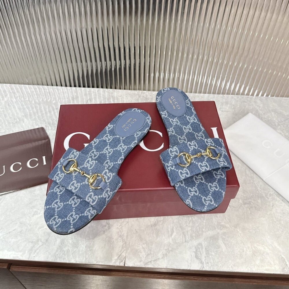 Gucci Women's Horsebit Slide Sandals in GG Denim Blue 835828 FAFGT 4746