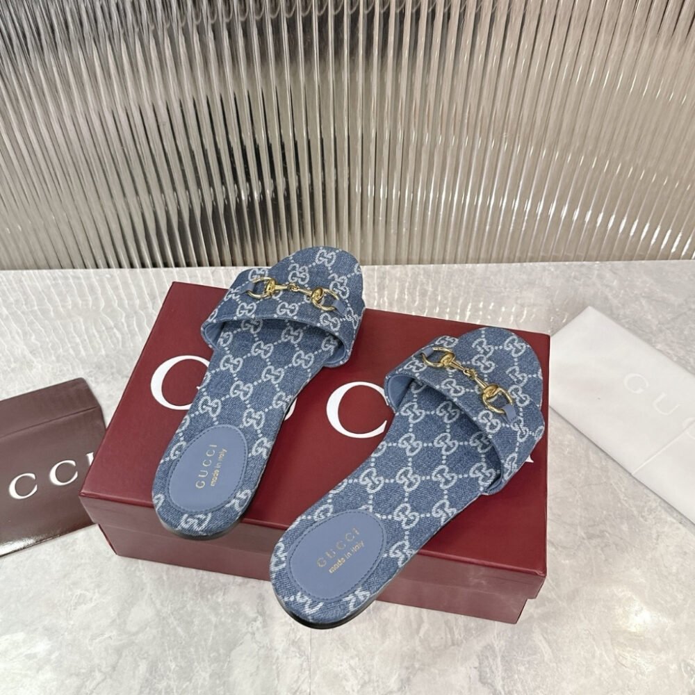 Gucci Women's Horsebit Slide Sandals in GG Denim Blue 835828 FAFGT 4746