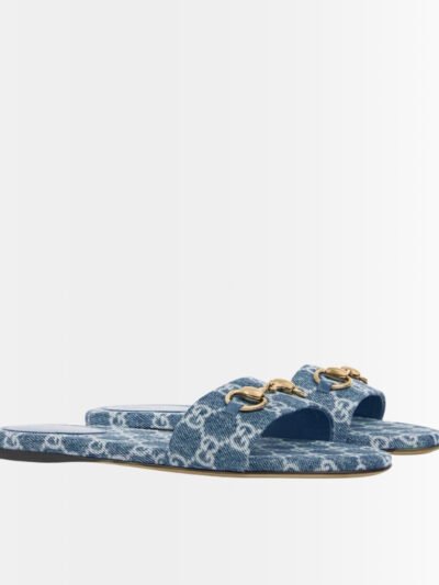 Gucci Women's Horsebit Slide Sandals in GG Denim Blue 835828 FAFGT 4746