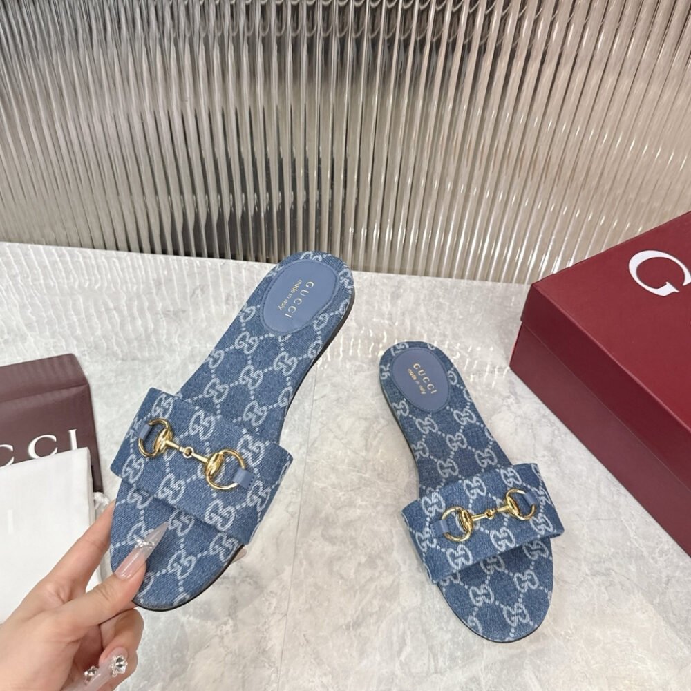 Gucci Women's Horsebit Slide Sandals in GG Denim Blue 835828 FAFGT 4746