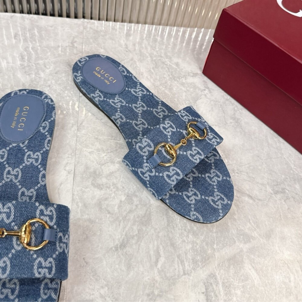 Gucci Women's Horsebit Slide Sandals in GG Denim Blue 835828 FAFGT 4746