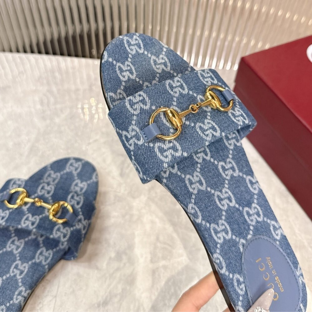 Gucci Women's Horsebit Slide Sandals in GG Denim Blue 835828 FAFGT 4746
