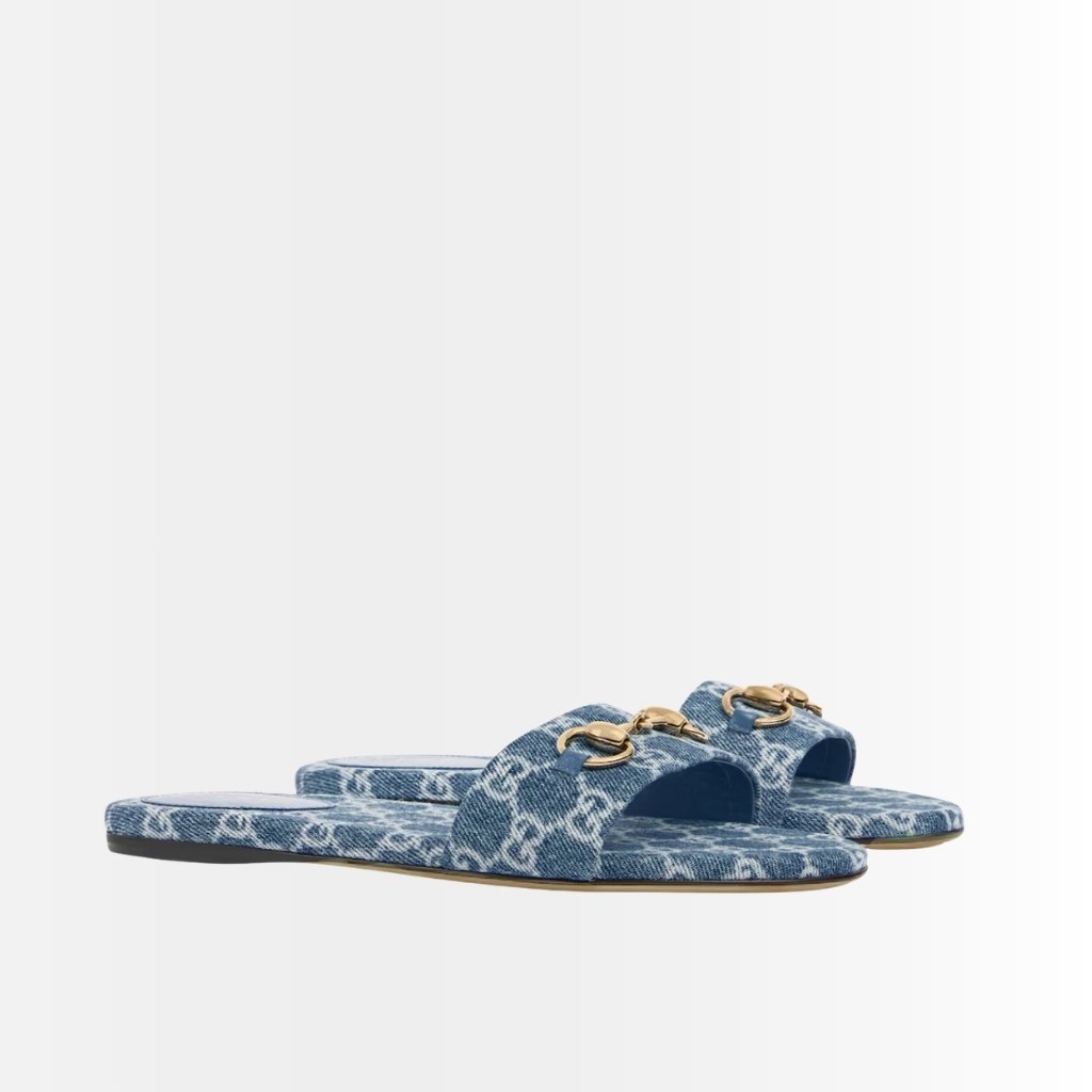 Gucci Women's Horsebit Slide Sandals in GG Denim Blue 835828 FAFGT 4746