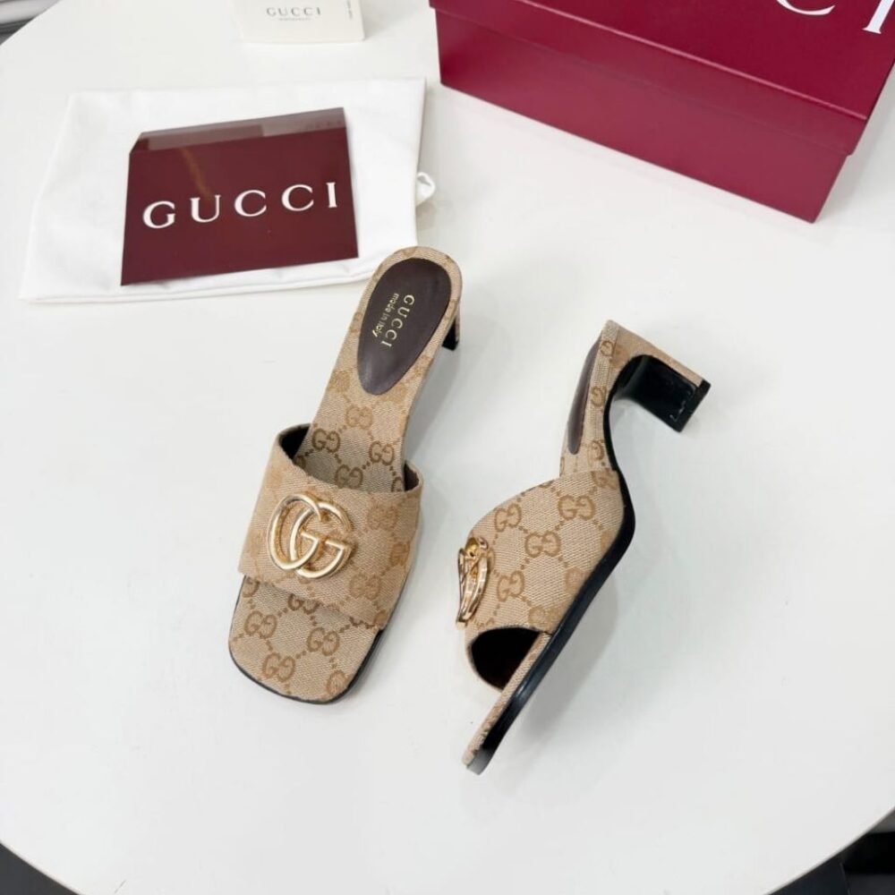Gucci Women's Slide Sandal With GG Canvas Sand And Dark Brown 871481 FAFUW 9611