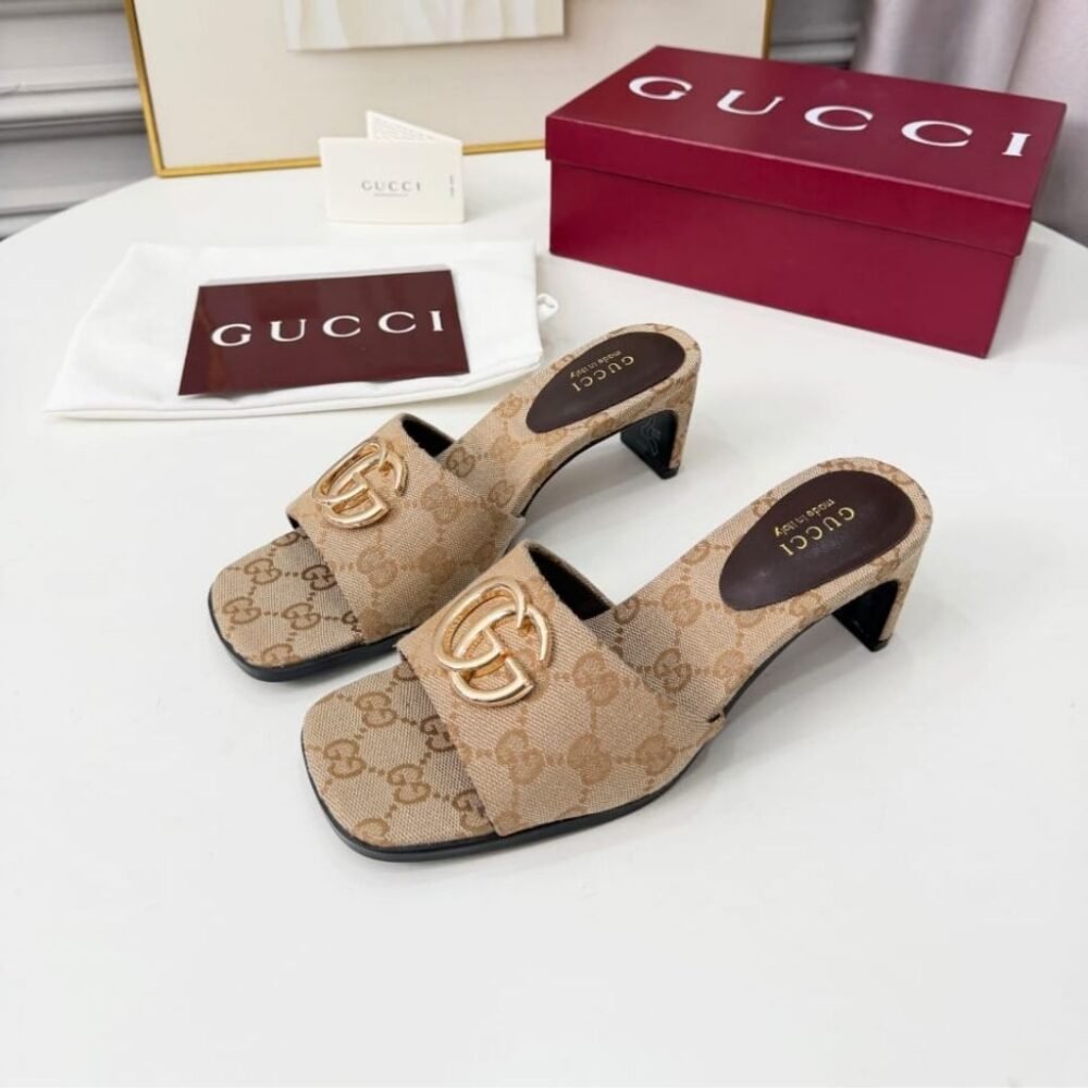 Gucci Women's Slide Sandal With GG Canvas Sand And Dark Brown 871481 FAFUW 9611