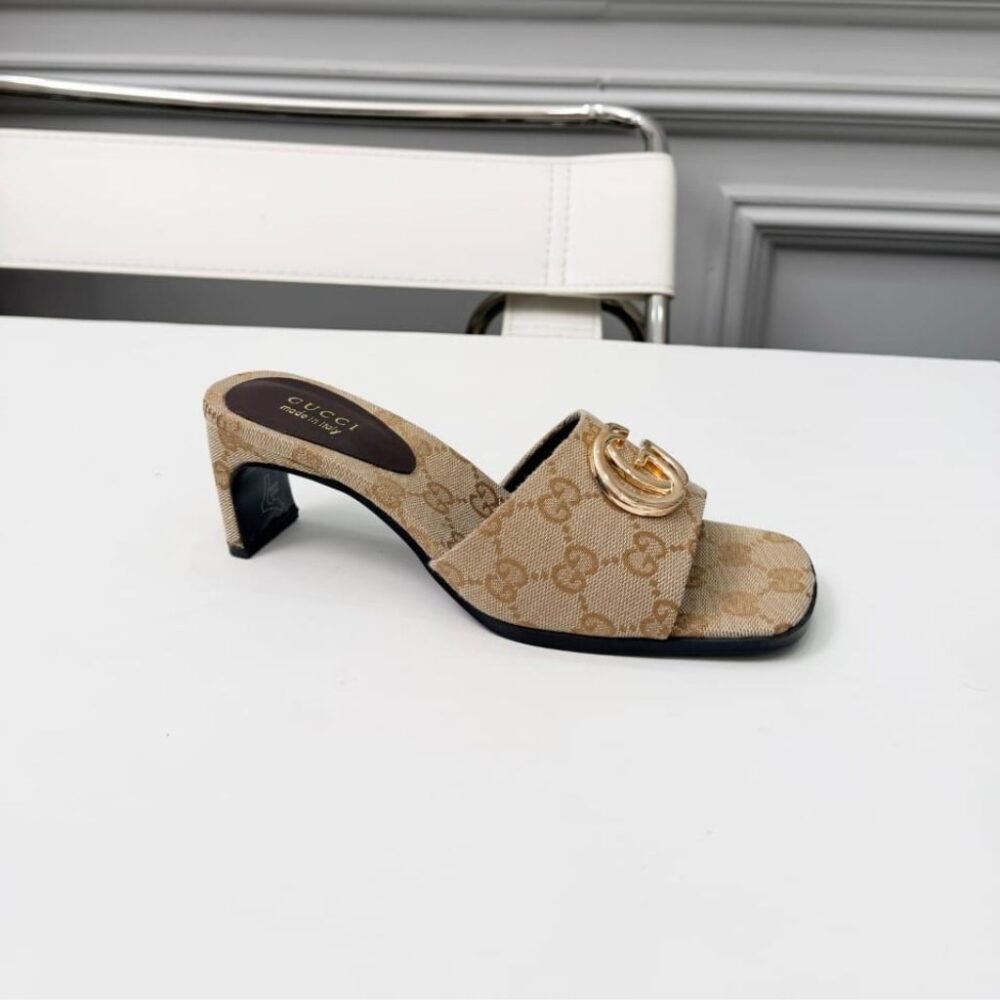 Gucci Women's Slide Sandal With GG Canvas Sand And Dark Brown 871481 FAFUW 9611
