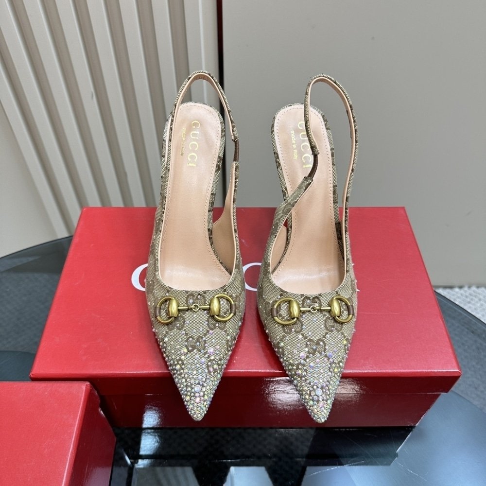 Gucci Women's Slingback Pump With Crystal Horsebit Beige And Dark Brown 812176 FAD21 2549