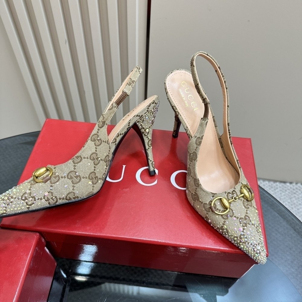 Gucci Women's Slingback Pump With Crystal Horsebit Beige And Dark Brown 812176 FAD21 2549