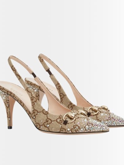 Gucci Women's Slingback Pump With Crystal Horsebit Beige And Dark Brown 812176 FAD21 2549