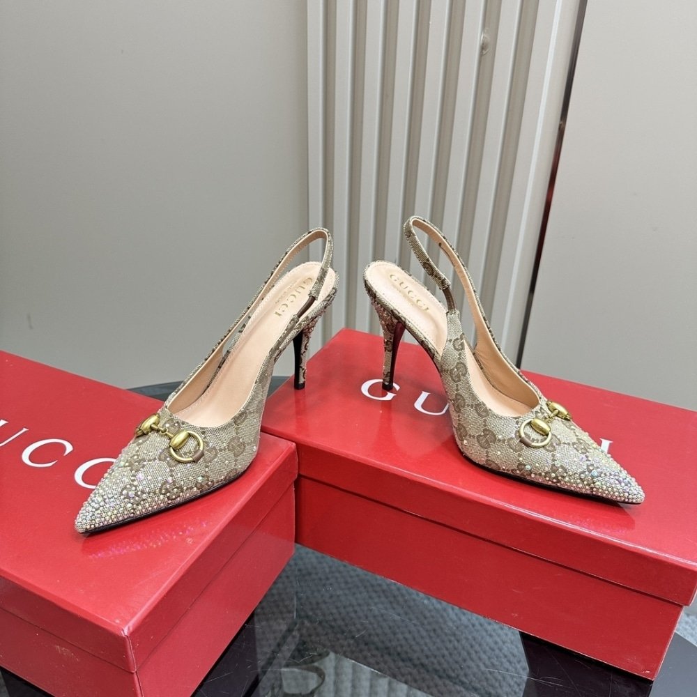 Gucci Women's Slingback Pump With Crystal Horsebit Beige And Dark Brown 812176 FAD21 2549