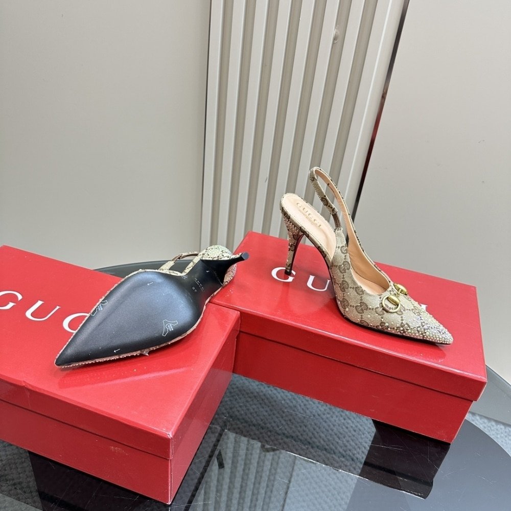 Gucci Women's Slingback Pump With Crystal Horsebit Beige And Dark Brown 812176 FAD21 2549