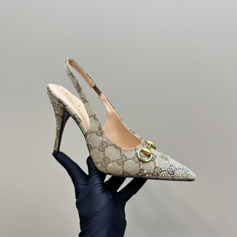 Gucci Women's Slingback Pump With Crystal Horsebit Beige And Dark Brown 812176 FAD21 2549