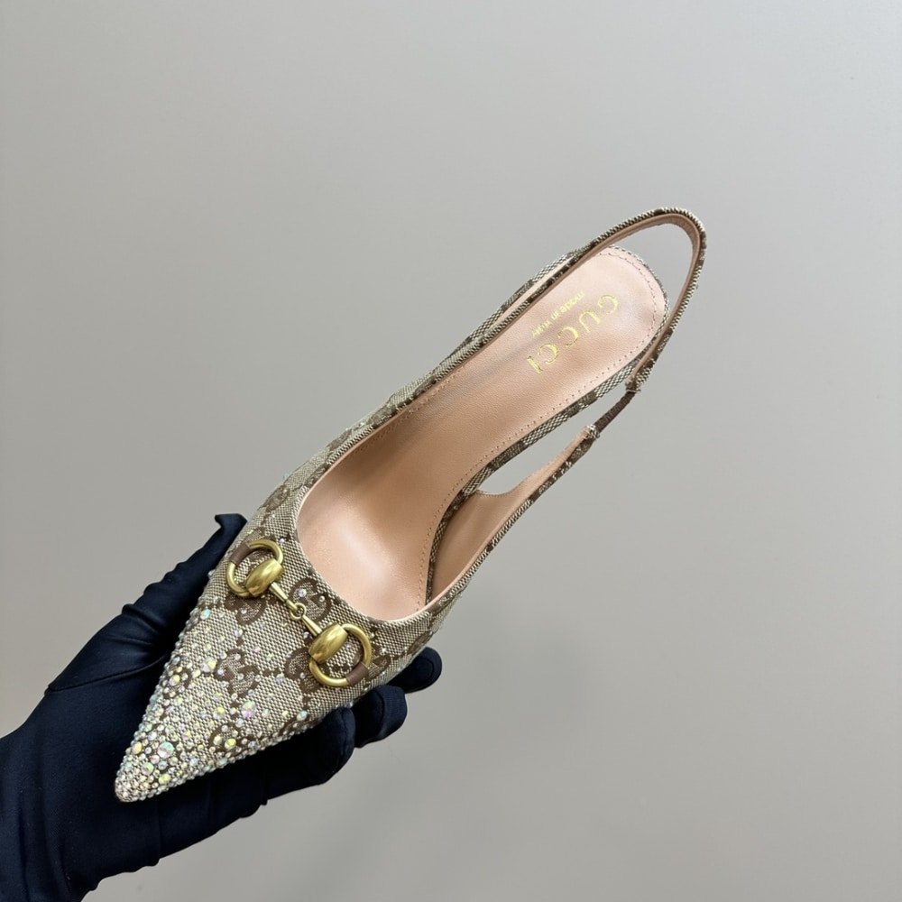 Gucci Women's Slingback Pump With Crystal Horsebit Beige And Dark Brown 812176 FAD21 2549