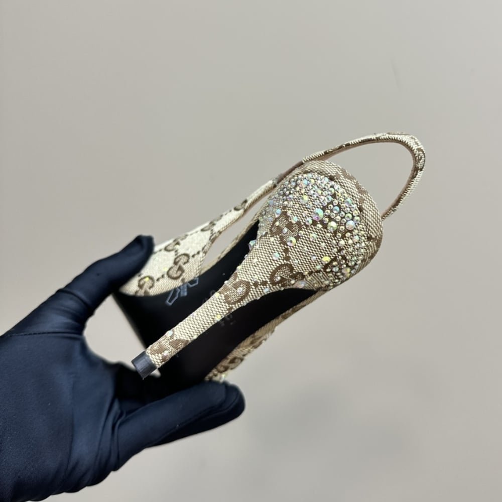 Gucci Women's Slingback Pump With Crystal Horsebit Beige And Dark Brown 812176 FAD21 2549