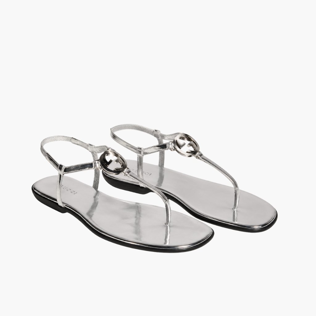 Gucci Women's Thong Sandal With Interlocking G Metallic Silver 874699 AAGNM 8106