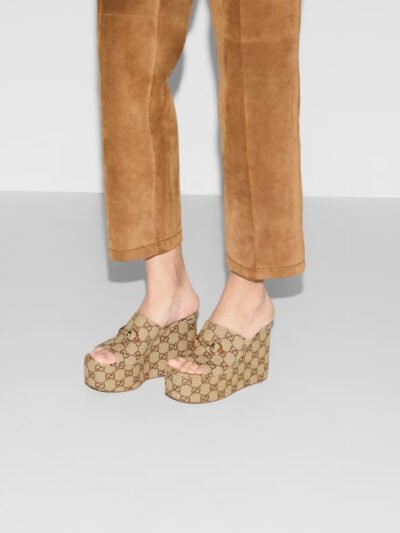 Gucci Women's Wedge Sandal With Horsebit ‎Beige And Dark Brown 816328 FAB10 2547
