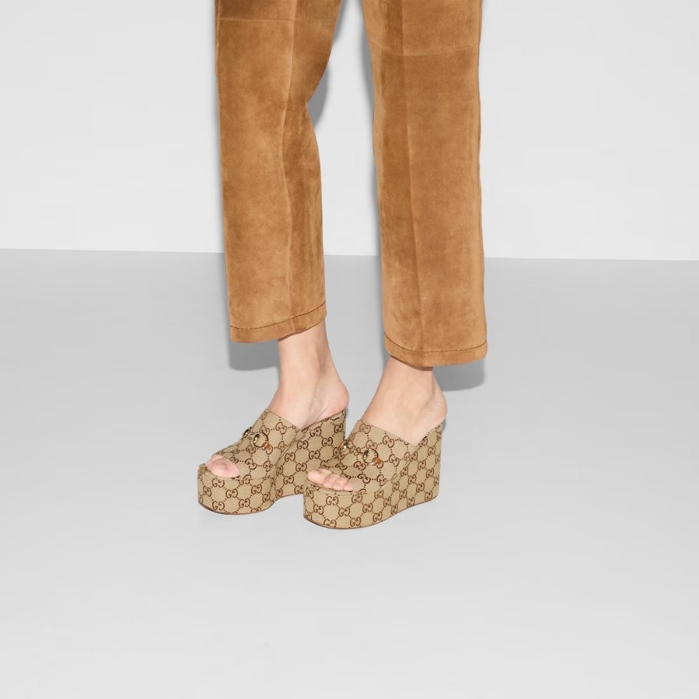 Gucci Women's Wedge Sandal With Horsebit Beige And Dark Brown 816328 FAB10 2547