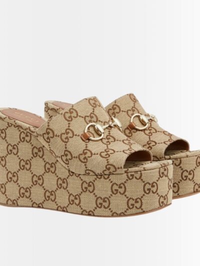 Gucci Women's Wedge Sandal With Horsebit ‎Beige And Dark Brown 816328 FAB10 2547