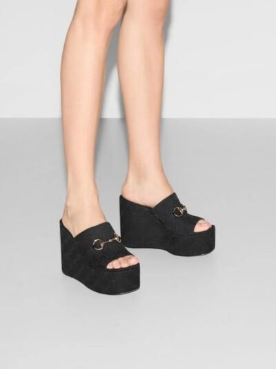 Gucci Women's Wedge Sandal With Horsebit ‎Black 816328 FAB10 1000