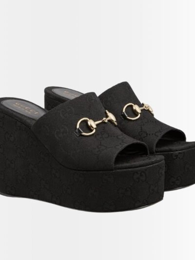 Gucci Women's Wedge Sandal With Horsebit ‎Black 816328 FAB10 1000