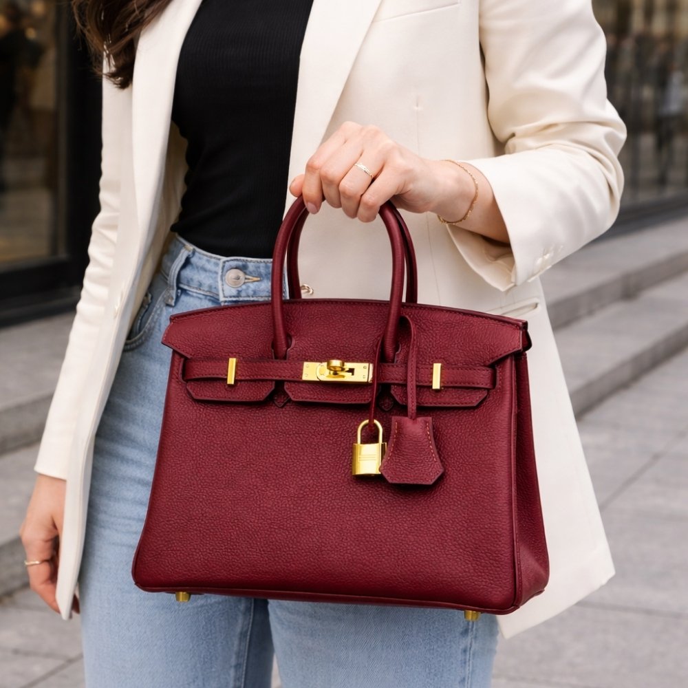 Hermes Birkin Togo Handbag Burgundy Gold Tone Hardware 25cm