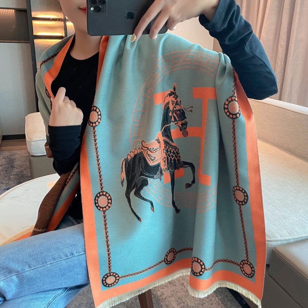Hermes Cashmere Shawl Blue 185cm