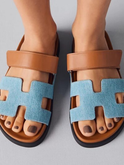 Hermes Chypre Flat Sandals Denim Brown