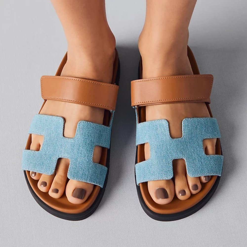 Hermes Chypre Flat Sandals Denim Brown