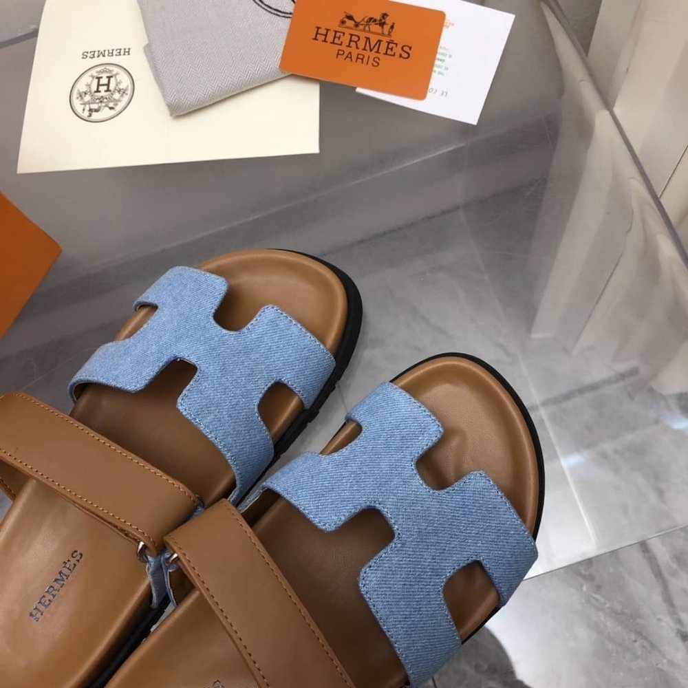 Hermes Chypre Flat Sandals Denim Brown