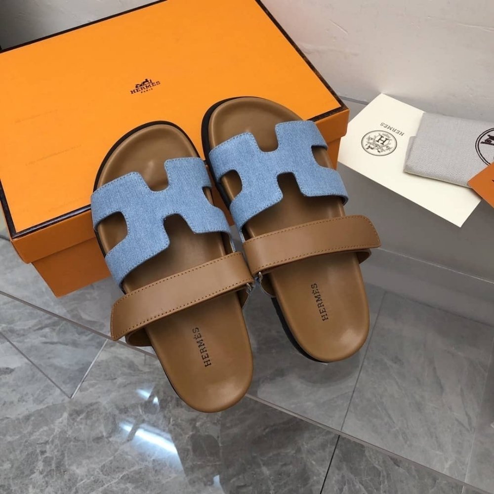 Hermes Chypre Flat Sandals Denim Brown