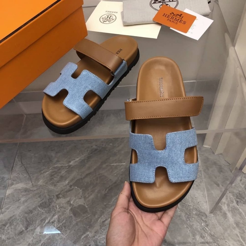 Hermes Chypre Flat Sandals Denim Brown