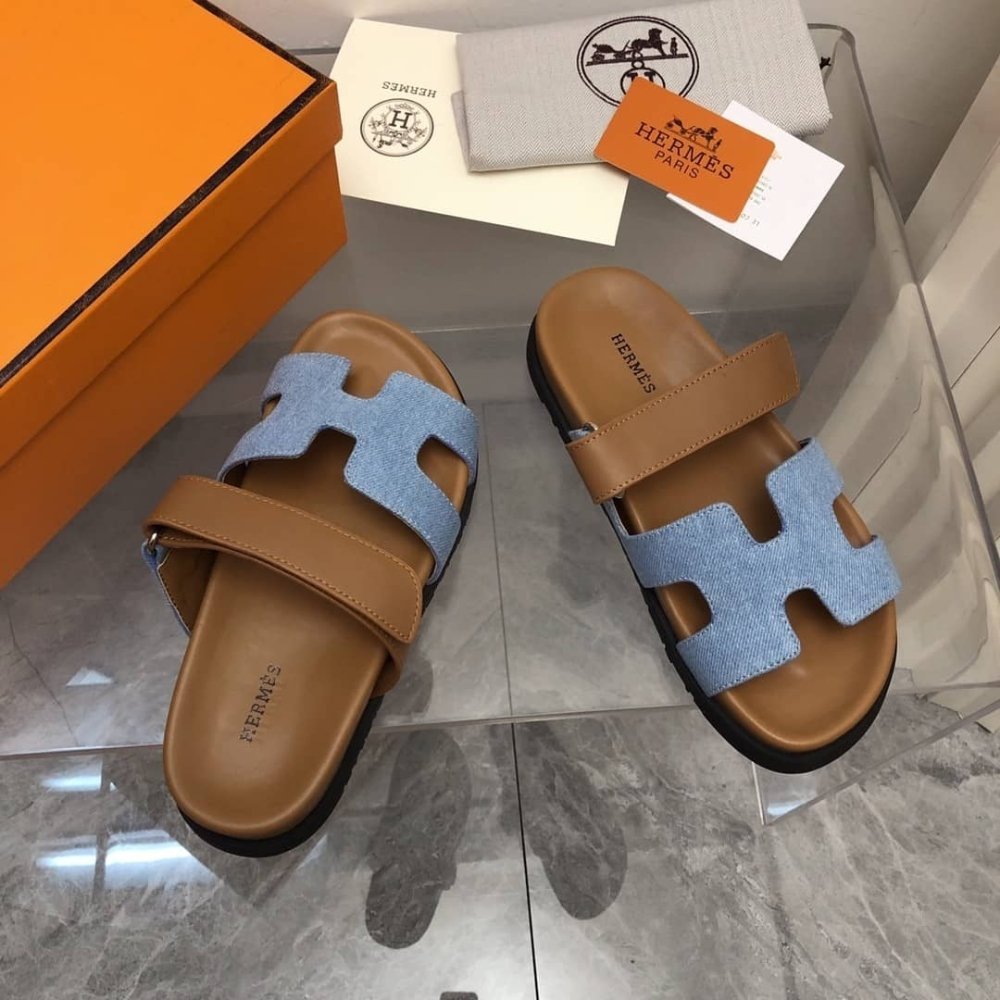 Hermes Chypre Flat Sandals Denim Brown