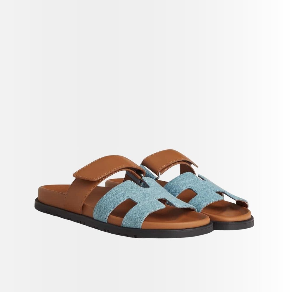 Hermes Chypre Flat Sandals Denim Brown