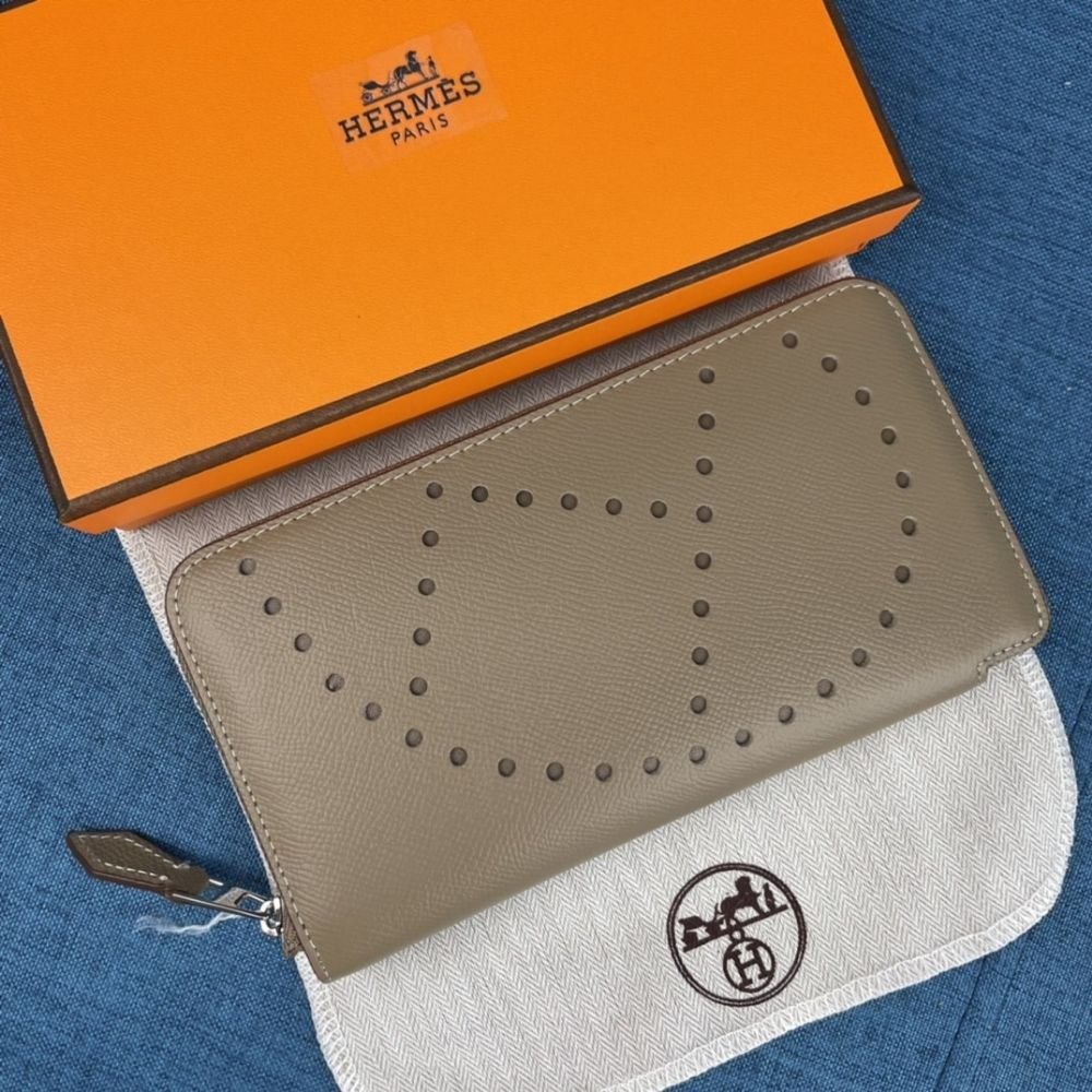 Hermes Evelyne Chevre Leather Zip Long Wallet Grey 19Cm