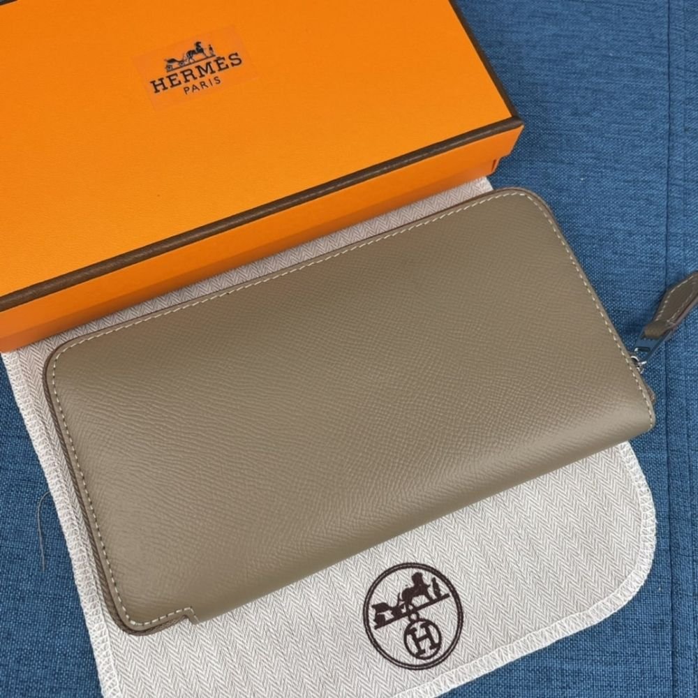 Hermes Evelyne Chevre Leather Zip Long Wallet Grey 19Cm