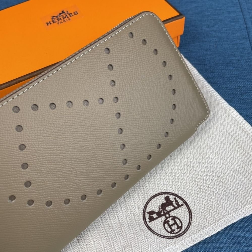 Hermes Evelyne Chevre Leather Zip Long Wallet Grey 19Cm