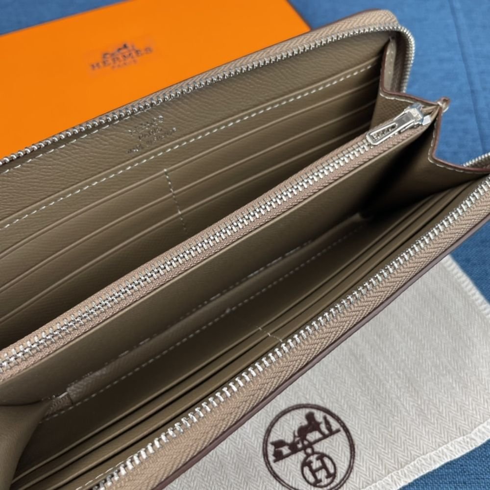 Hermes Evelyne Chevre Leather Zip Long Wallet Grey 19Cm