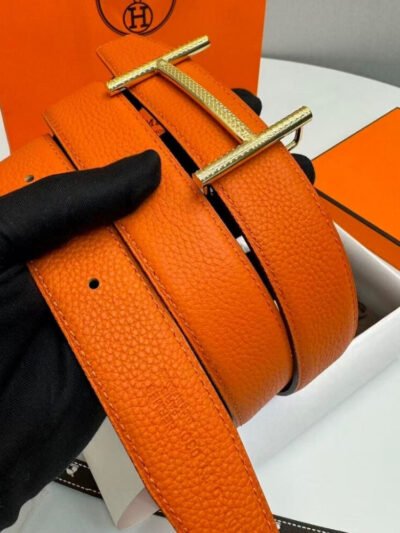 Hermes Hisseo Belt Buckle And Reversible Leather Strap Noir And Orange 32 mm