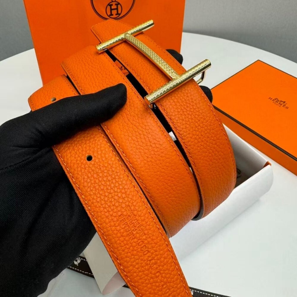 Hermes Hisseo Belt Buckle And Reversible Leather Strap Noir And Orange 32 mm