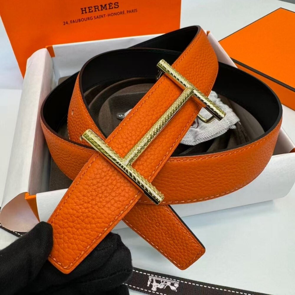 Hermes Hisseo Belt Buckle And Reversible Leather Strap Noir And Orange 32 mm
