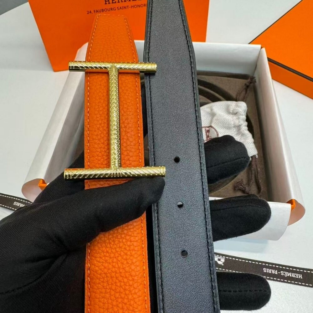 Hermes Hisseo Belt Buckle And Reversible Leather Strap Noir And Orange 32 mm