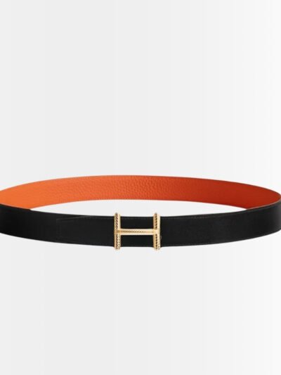 Hermes Hisseo Belt Buckle And Reversible Leather Strap Noir And Orange 32 mm