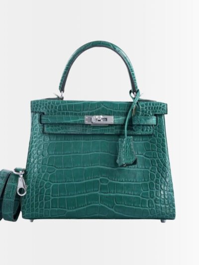 Hermès Kelly 25 Retourne Alligator Emerald Green Silver Toned Hardware