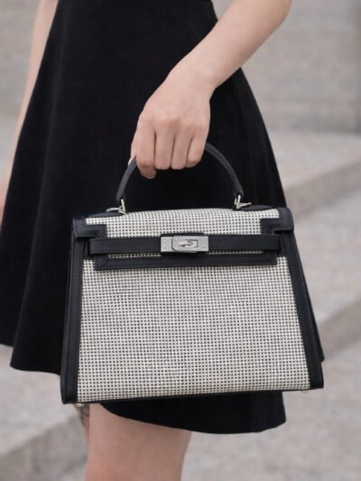 Hermès Kelly 25 Sellier Quadrille Black and White Viking Swift Silver Toned Hardware