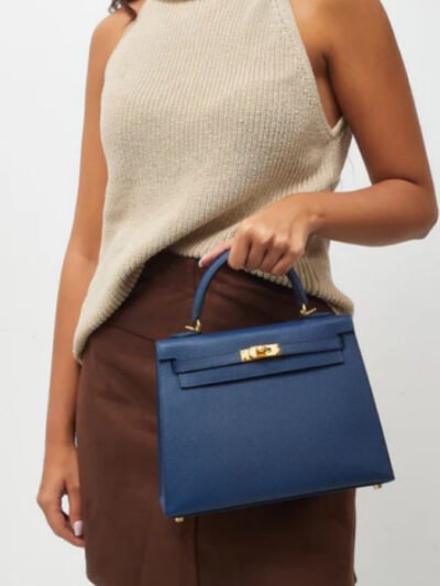 Hermès Kelly Sellier 25 Epsom Dark Blue Gold Tone Hardware 25Cm
